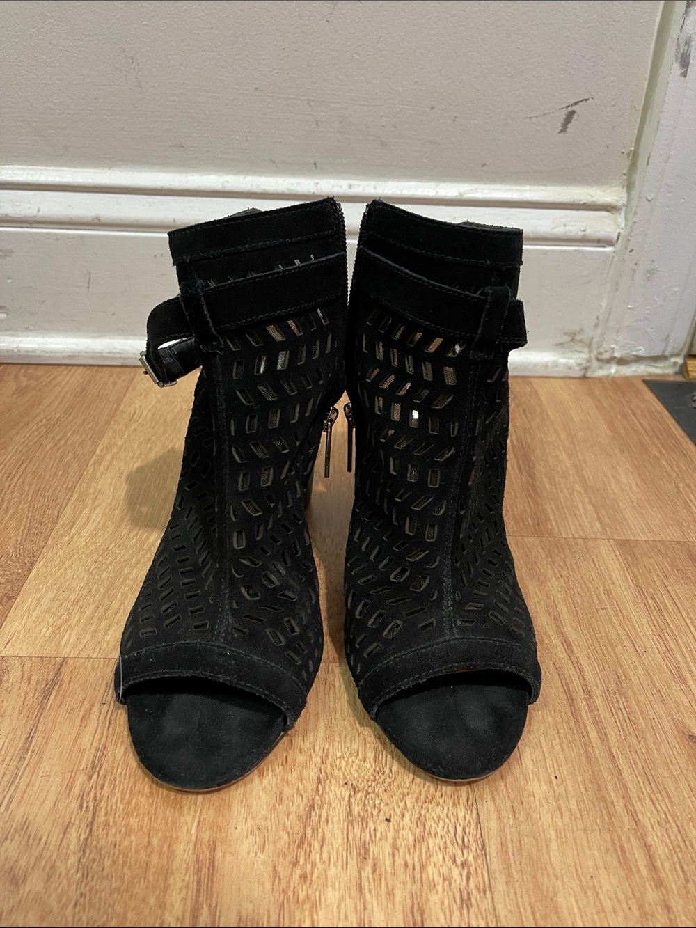 BCBGeneration Black Cutout Suede Peep-Toe Ankle Booties